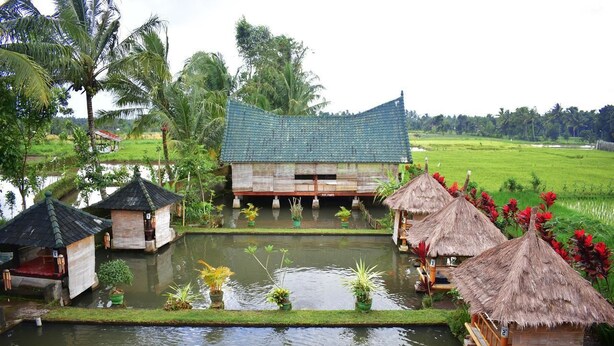 A traditional thatched-roof structure with a central elevated platform, surrounded by water and lush greenery. - Cahaya Tetebatu Inn (Pringgasela)