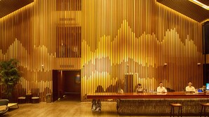A reception area with a long wooden reception desk, a seating area with a sofa and chairs, and a large potted plant. - Lin Yin Art Hotel Shanghai PVG Airport Disneyland Free Shuttle (Shanghai)