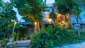 A building with a staircase leading to a door, surrounded by lush greenery and potted plants.