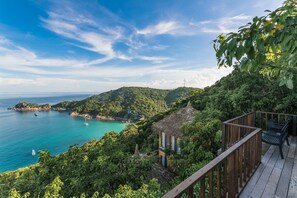 Una terraza de madera con barandilla que da a un mar turquesa y una ladera verde exuberante.