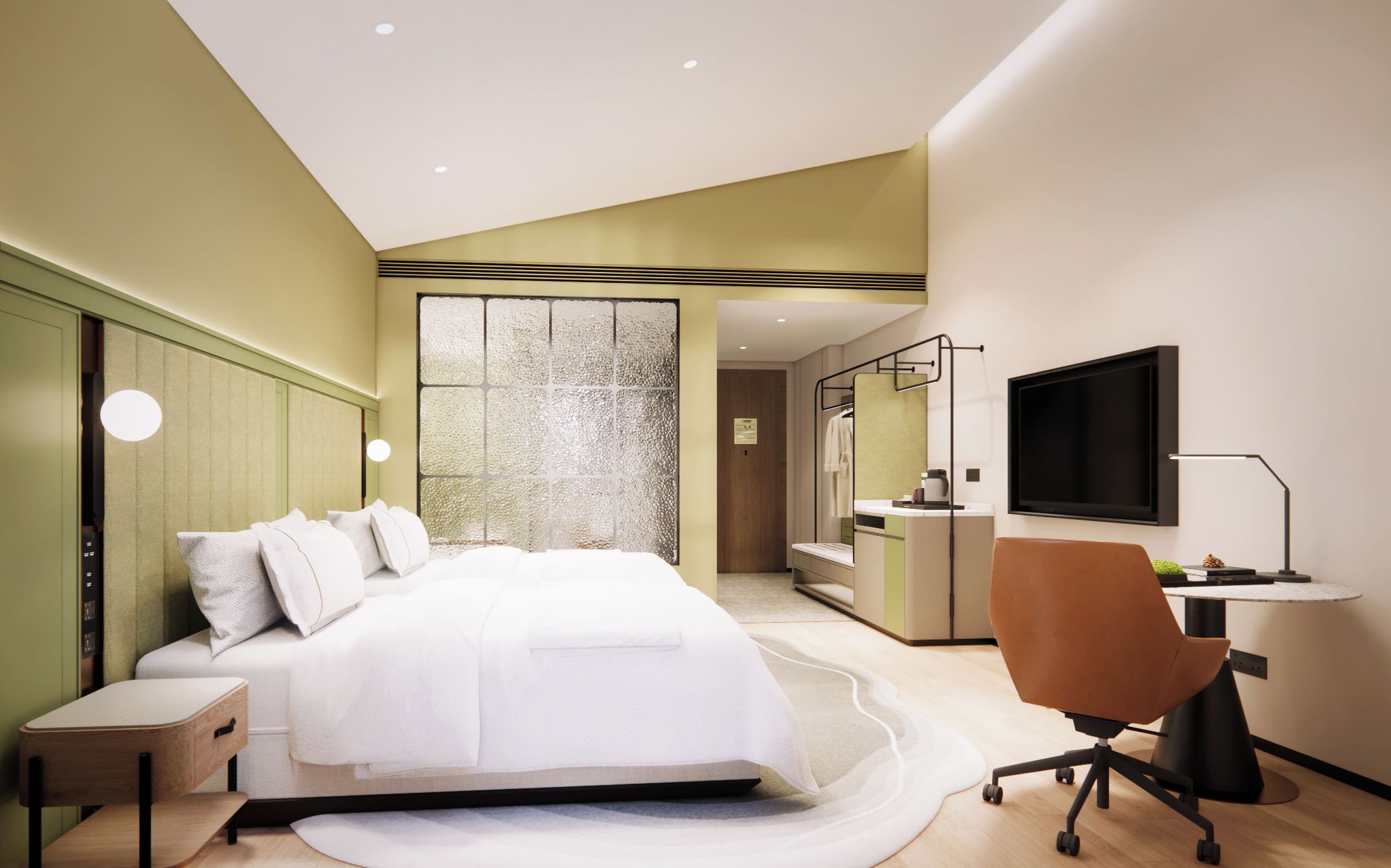 Une chambre d’hôtel moderne, dotée d’un grand lit, d’un bureau, d’une chaise, d’une télévision et d’une fenêtre offrant une vue agréable.