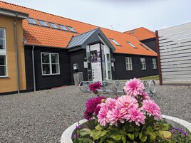 A building with a black facade, orange tiled roof, and skylights.