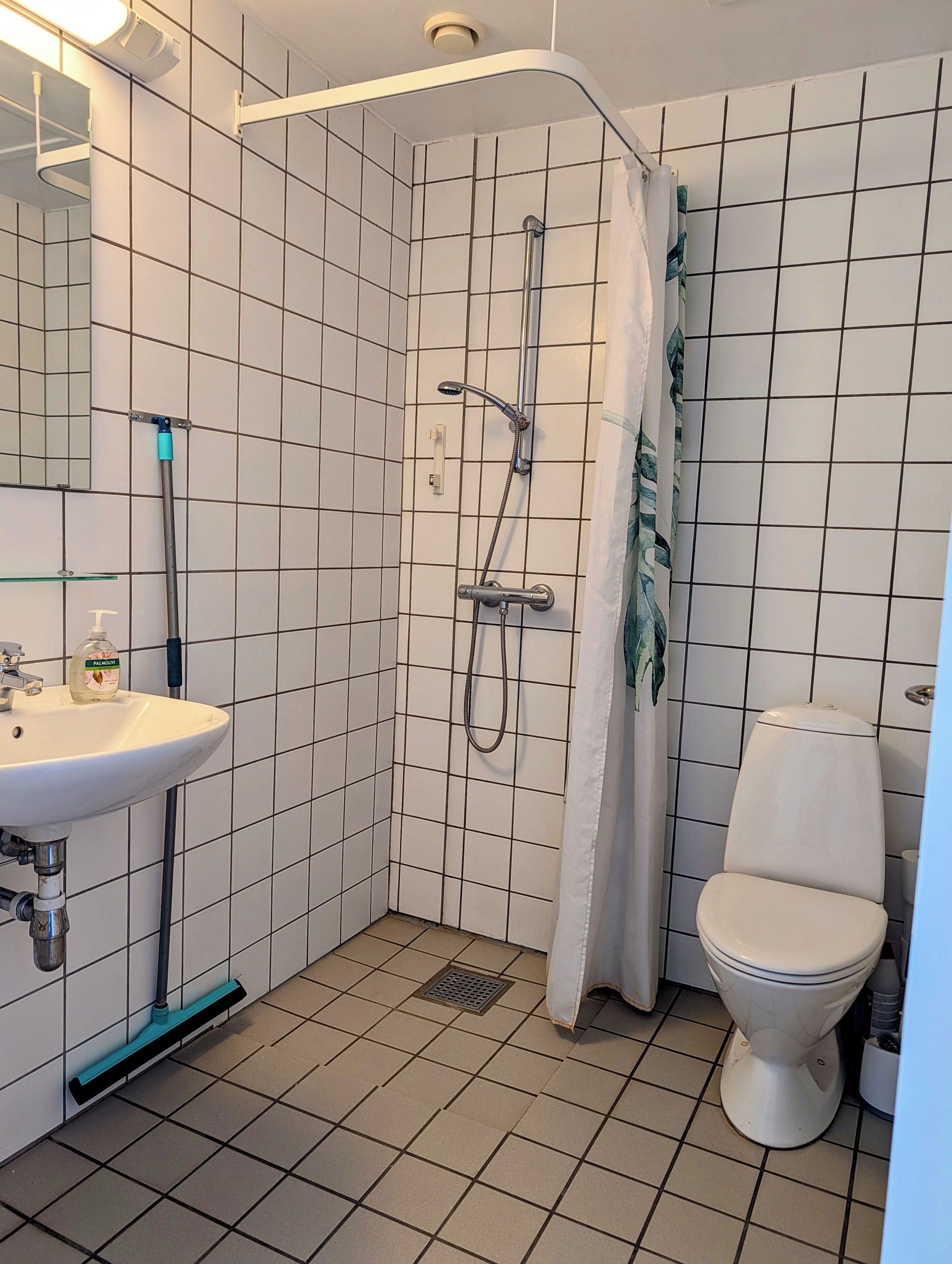Une salle de bain équipée d’une douche, de toilettes, d’un lavabo et d’un miroir.