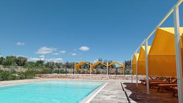 Seasonal outdoor pool, open 8:30 AM to 8:00 PM, pool umbrellas