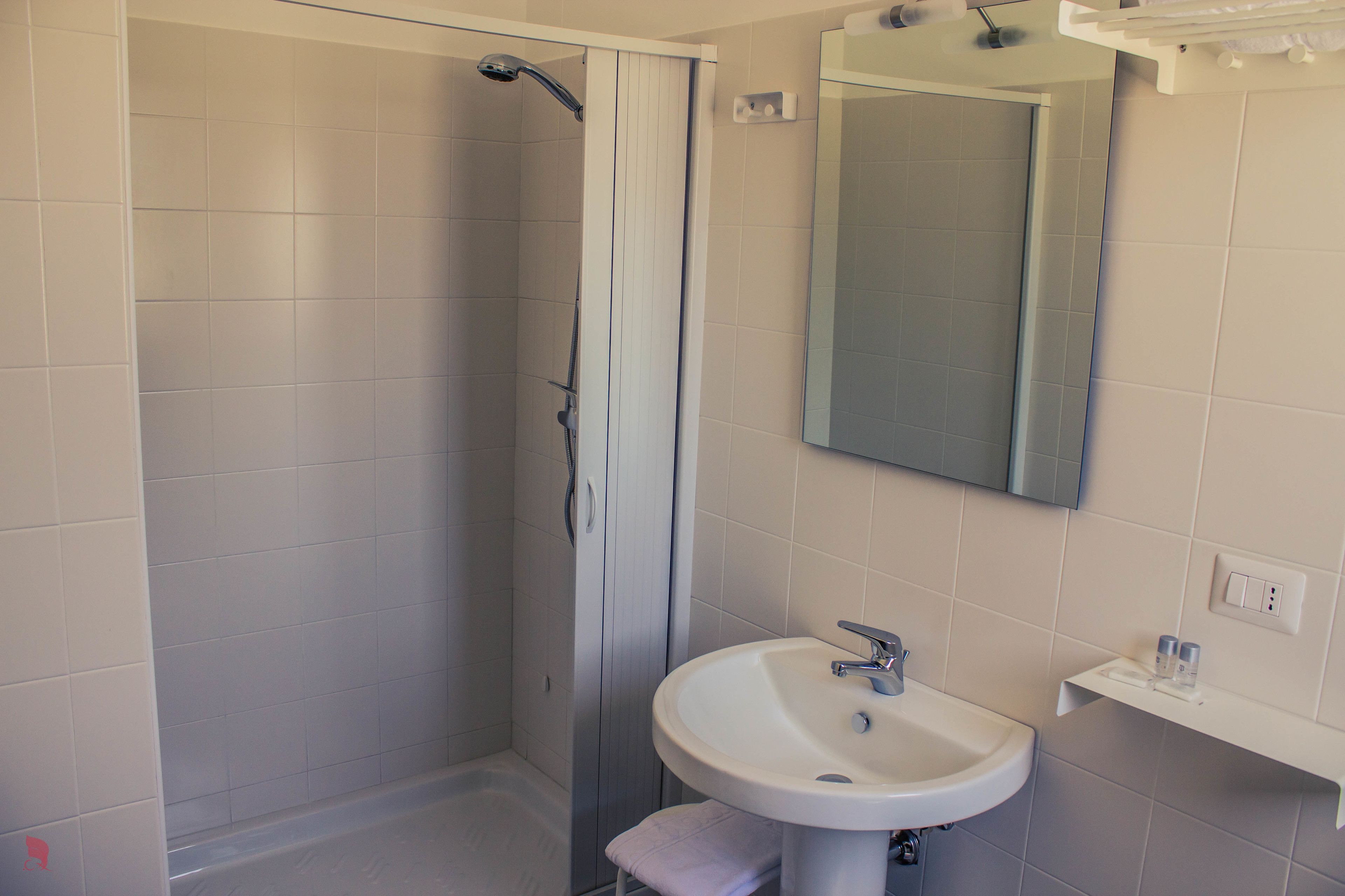 Une salle de bain avec une douche, un lavabo et un miroir.
