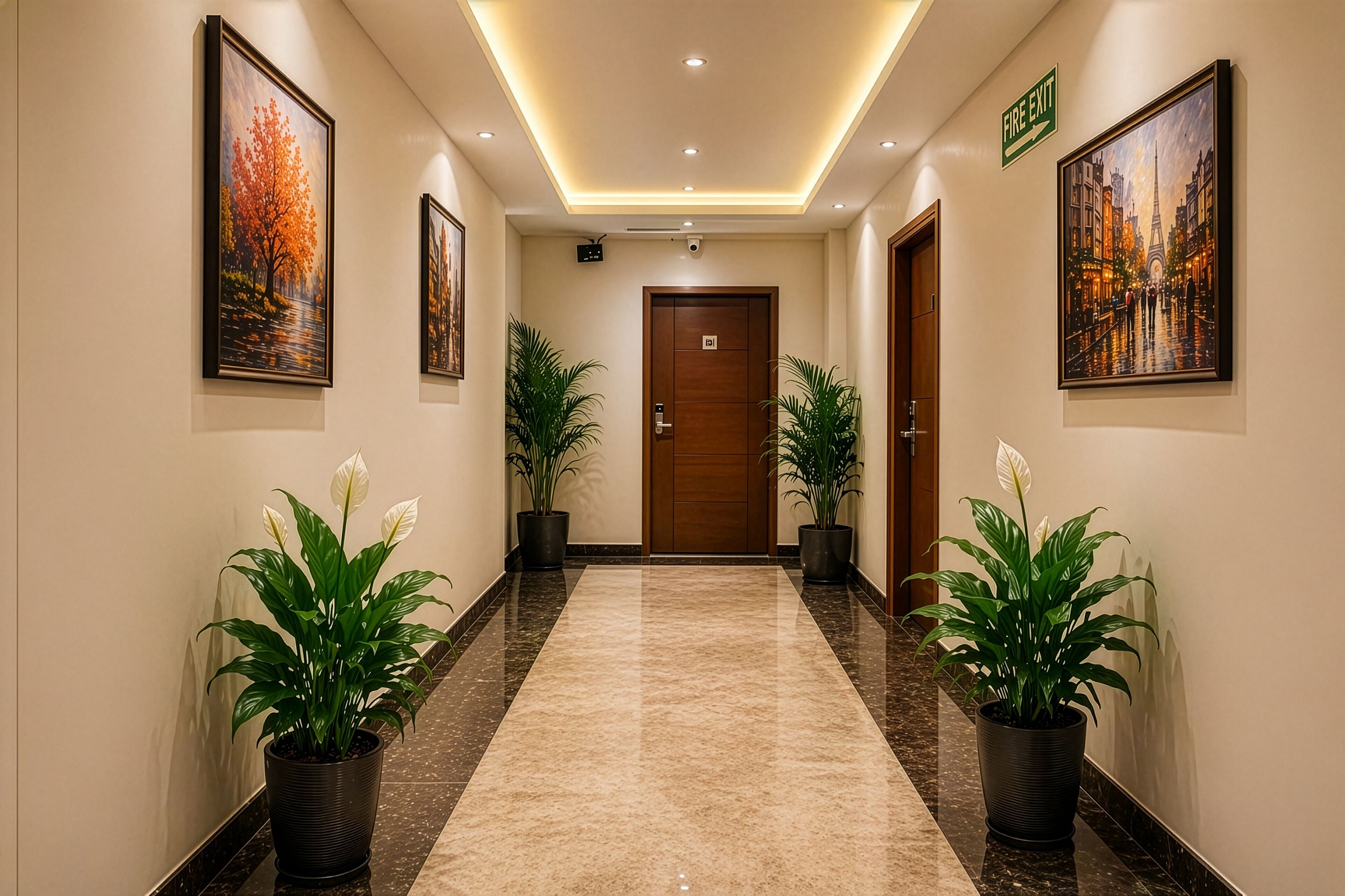 Un pasillo con puerta de madera, plantas en macetas y cuadros en las paredes.