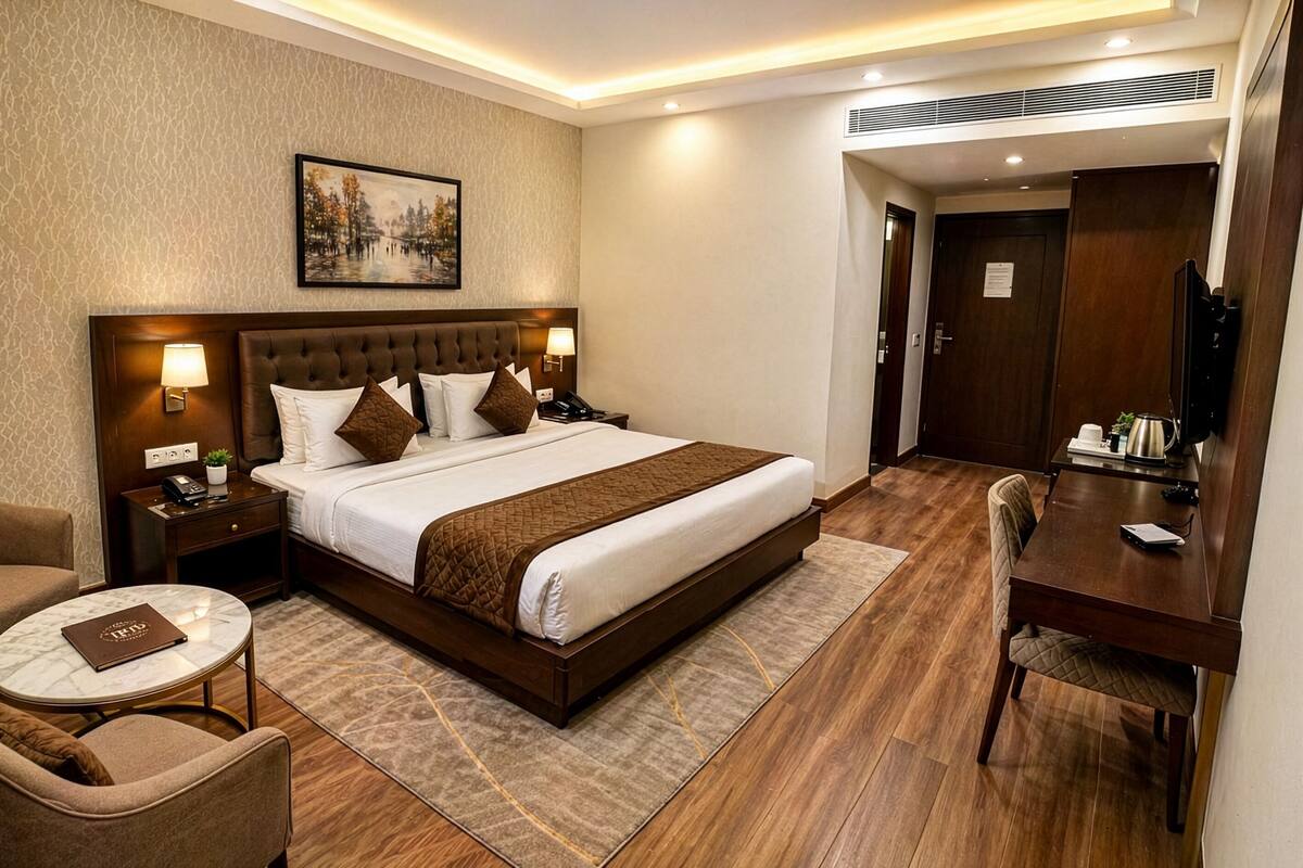 Une chambre d’hôtel avec un lit, deux chaises, une petite table, un bureau et un tableau au mur.