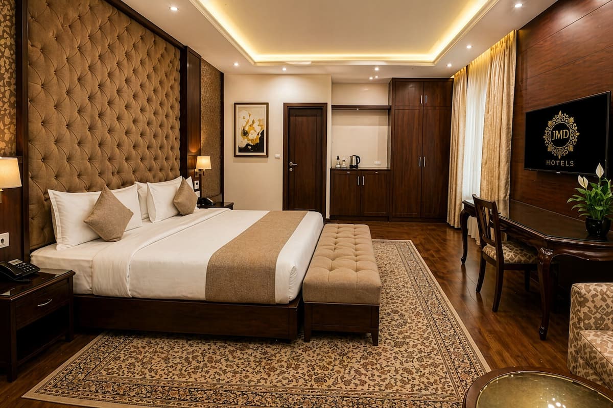 Une chambre d’hôtel avec un grand lit, un bureau, une chaise, une télévision et une armoire.