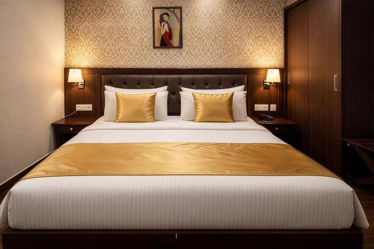 Une chambre d’hôtel avec un grand lit, deux tables de chevet avec des lampes, une tête de lit en bois et un papier peint à motifs.