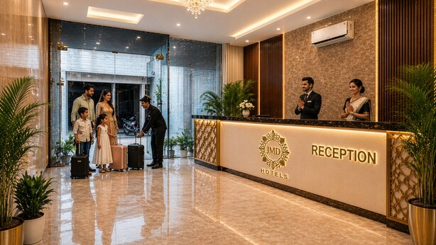 Zona de recepción con suelo de mármol, una araña y un mostrador con un logotipo.