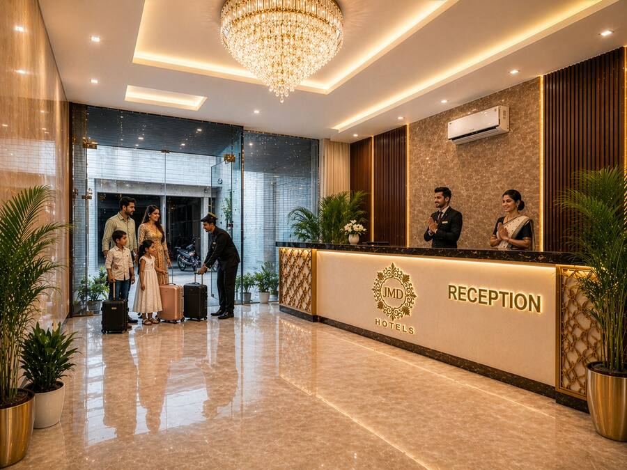 Uma área de recepção com piso de mármore, um candelabro e um balcão de atendimento com um logotipo.