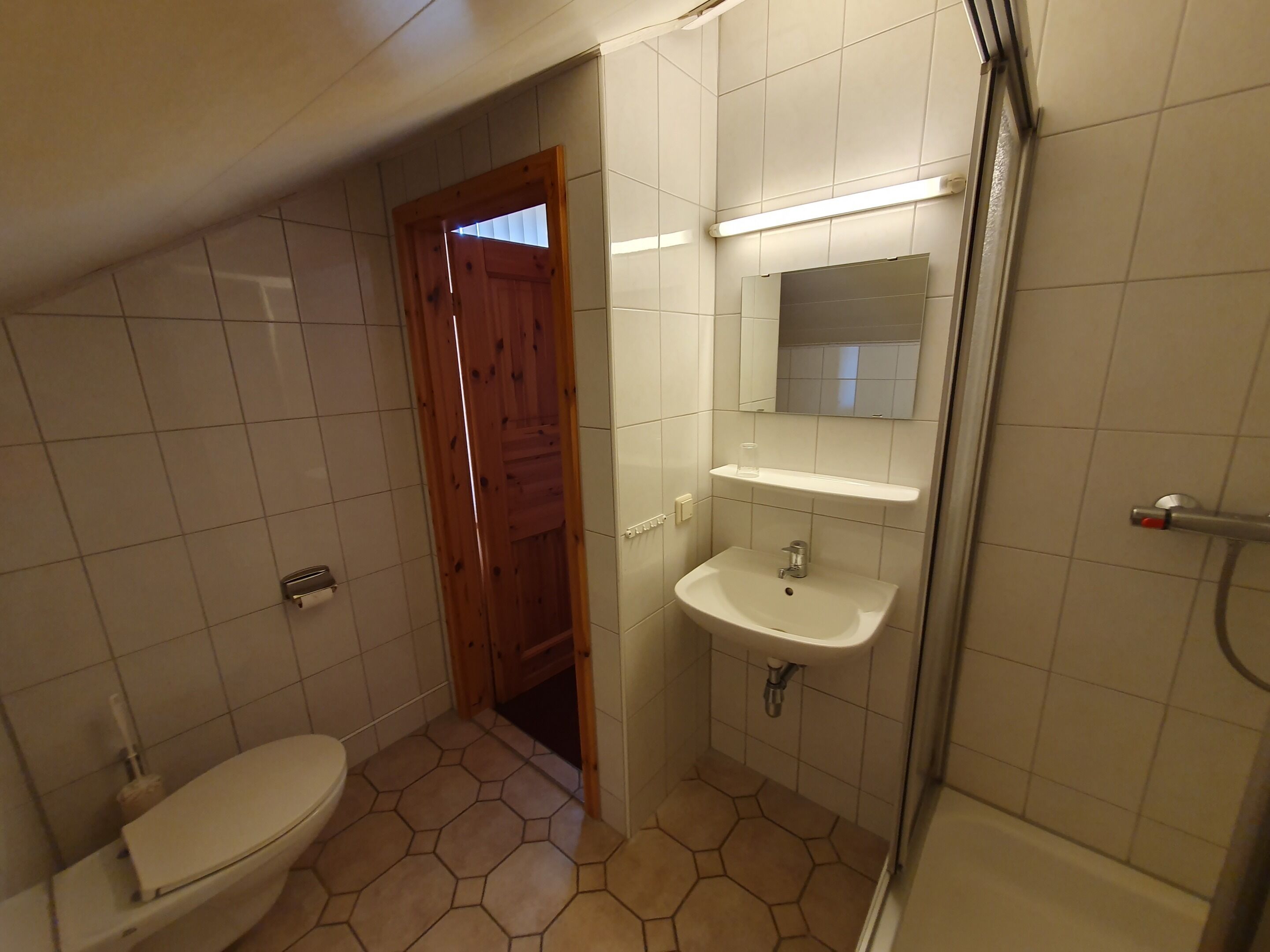 Ein Badezimmer mit Toilette, Waschbecken und Dusche.