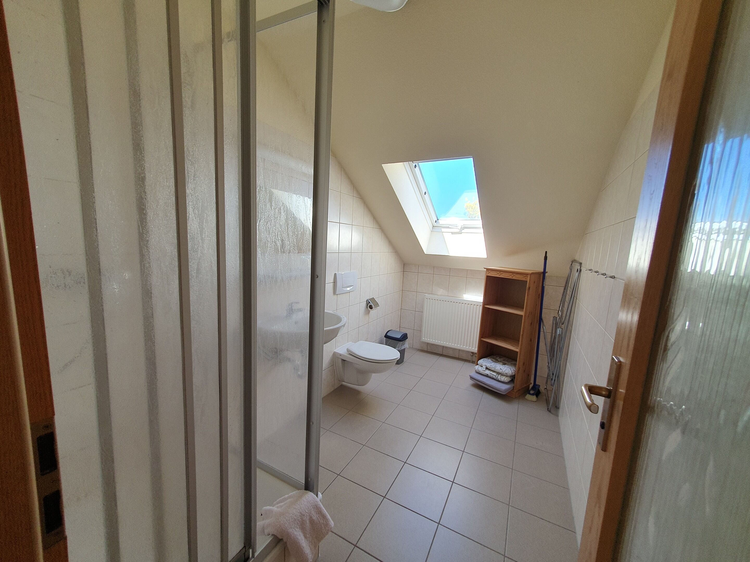 Een kleine betegelde badkamer met dakraam, toilet en douche.