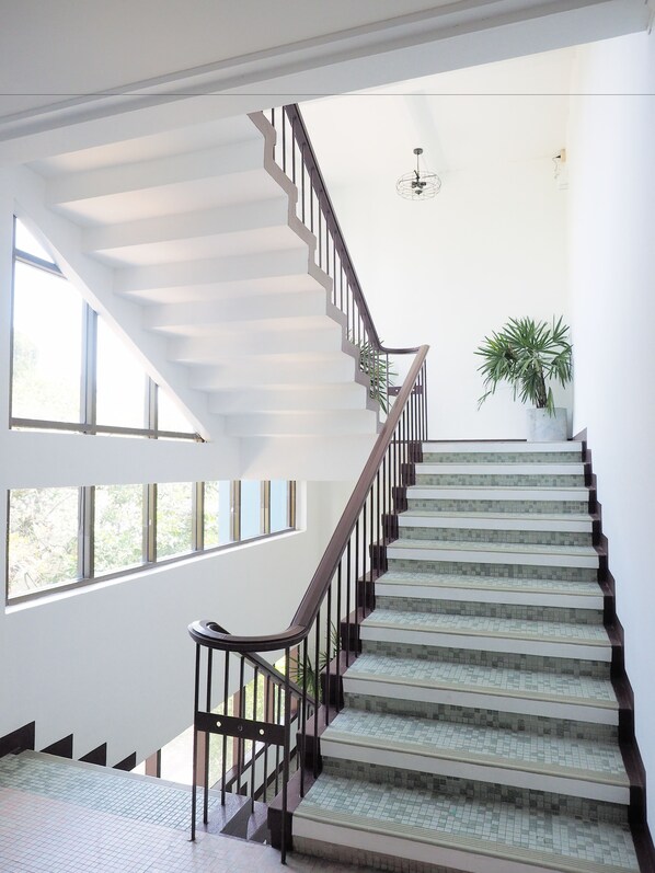 A staircase with a modern design, leading to a higher floor.