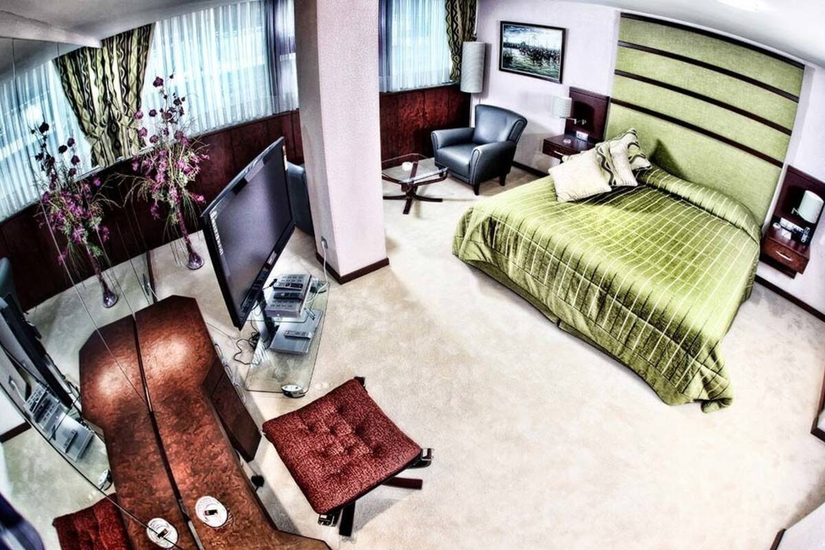 Quarto de hotel com cama, escrivaninha, cadeira, televisão e uma planta decorativa.