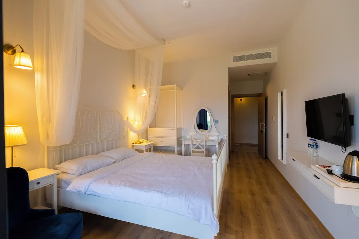 A hotel room with a bed, bedside tables, a desk, a mirror, a television, and a wardrobe.