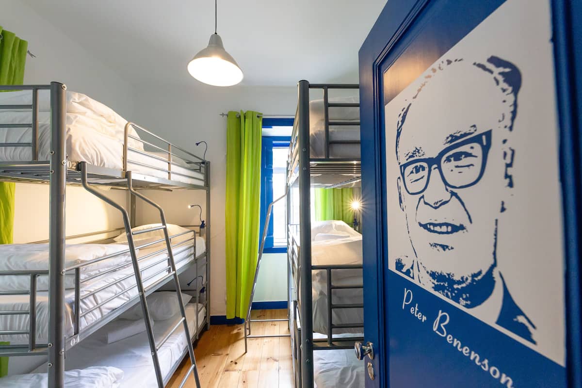 A dormitory room with bunk beds, a ladder, a hanging light fixture, and a poster of a person.