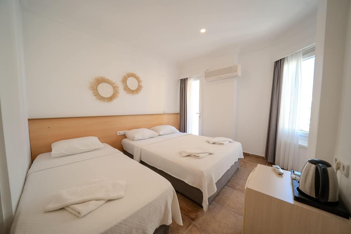 Habitación de hotel con dos camas, cabecero de madera, hervidor de agua y aire acondicionado.