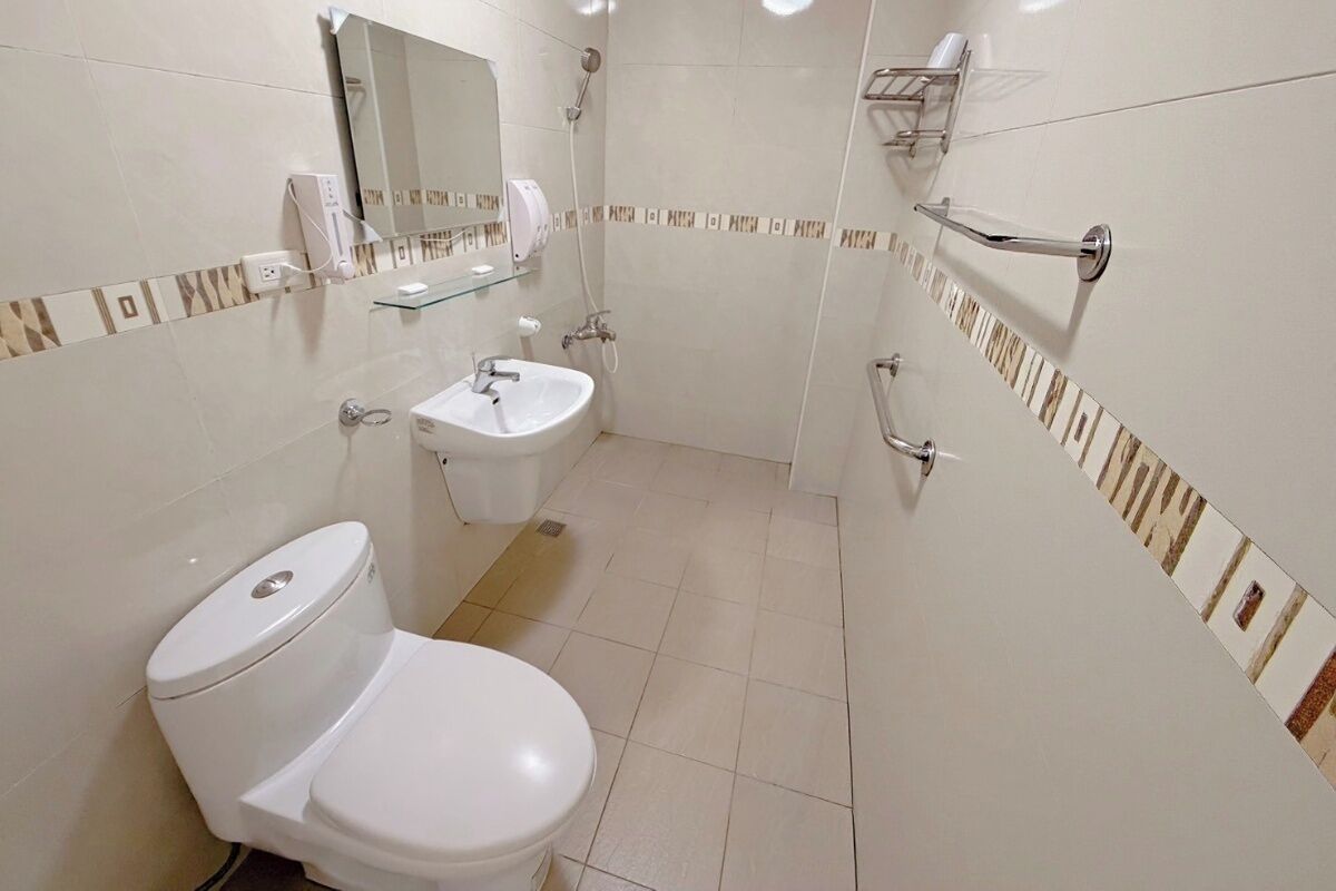 Une salle de bain avec des toilettes, un lavabo et une douche.