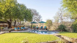 A pool area with lounge chairs and umbrellas, surrounded by greenery and trees. - Ku Sungula Safari Lodge (Hoedspruit)