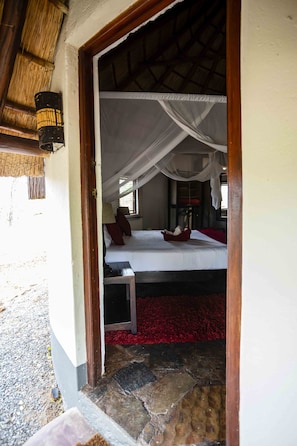 Una habitación con una cama bajo una mosquitera, un banco y una alfombra roja.