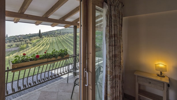 A balcony with a view of vineyards, a chair, a table with a lamp, and a door. - Costa degli Ulivi (Fumane)
