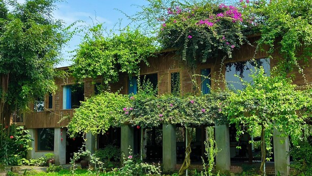 Ein rustikales Holzhaus mit einem Vorgarten.