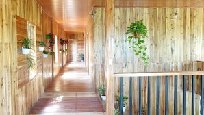 Ein Holzbodenkorridor mit Blumentöpfen an den Wänden und hängenden Pflanzen an der Decke.