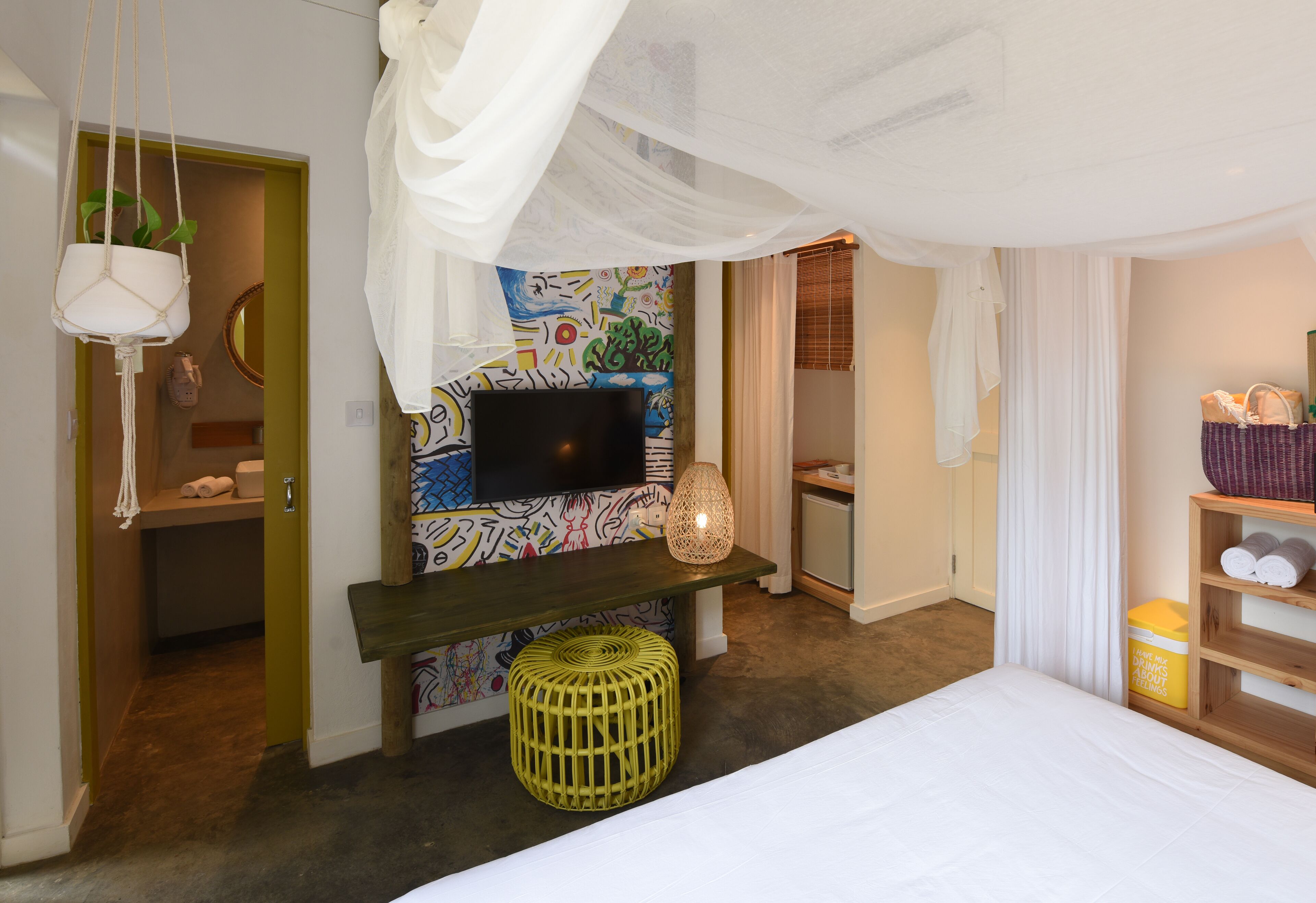 A bedroom with a bed, a TV, a bench, a hanging plant, and a colorful wall.