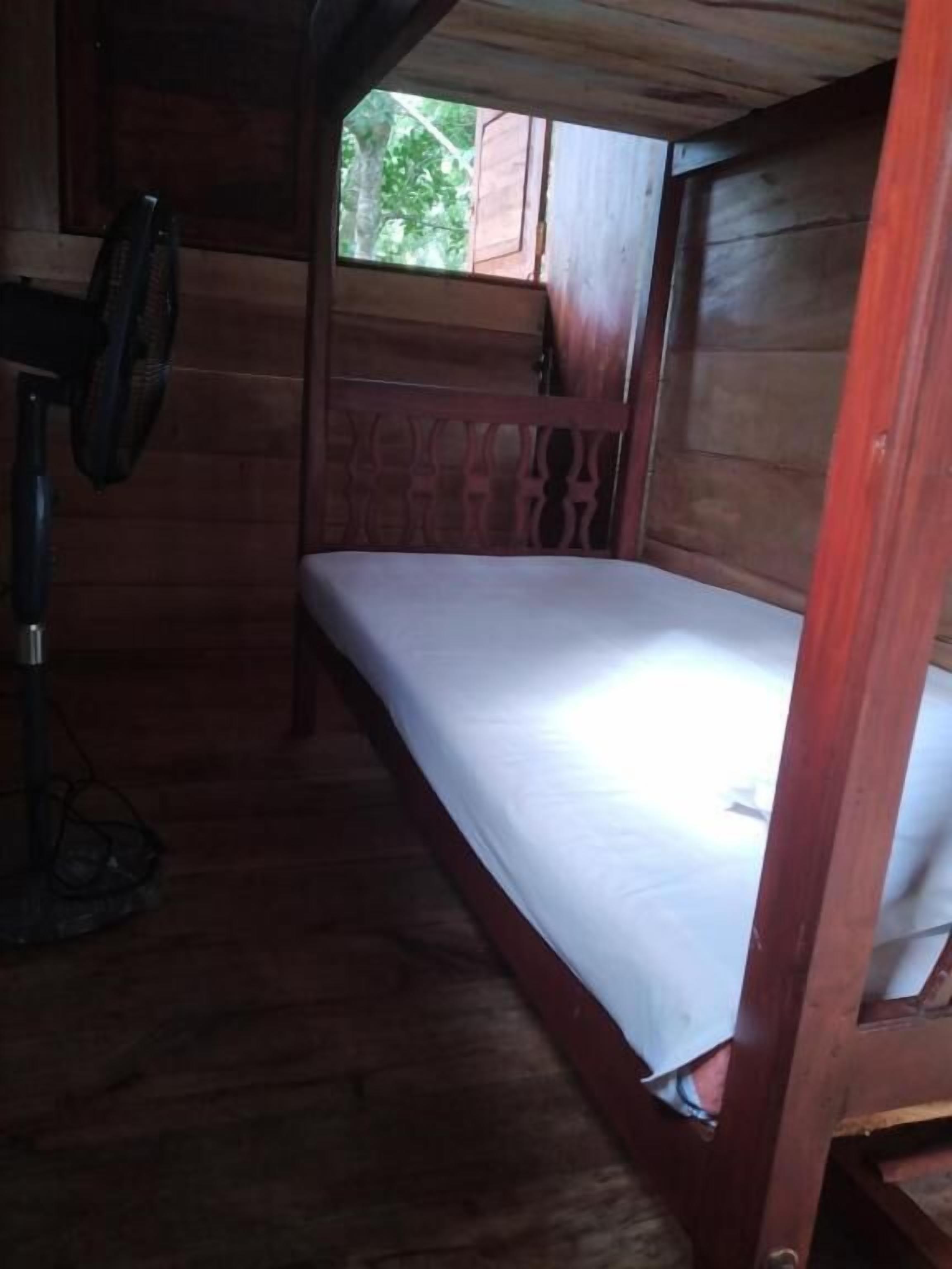 A wooden room with a bed, a fan, and a window.