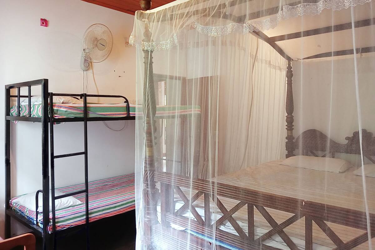 A room with a bunk bed, a mosquito net, a wall fan, and a power outlet.
