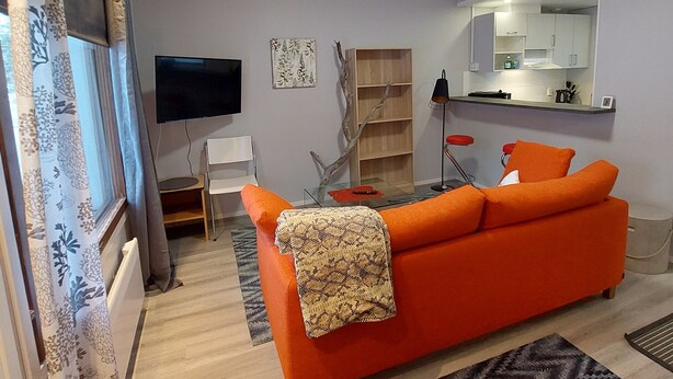 Een moderne woonkamer met een feloranje bank, een flatscreen-tv en een keukenhoek met een grote spiegel.