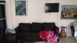 Un salon avec un canapé marron foncé, un téléviseur à écran plat fixé au mur et un vase contenant des fleurs rouges et roses, posé sur une table en verre.