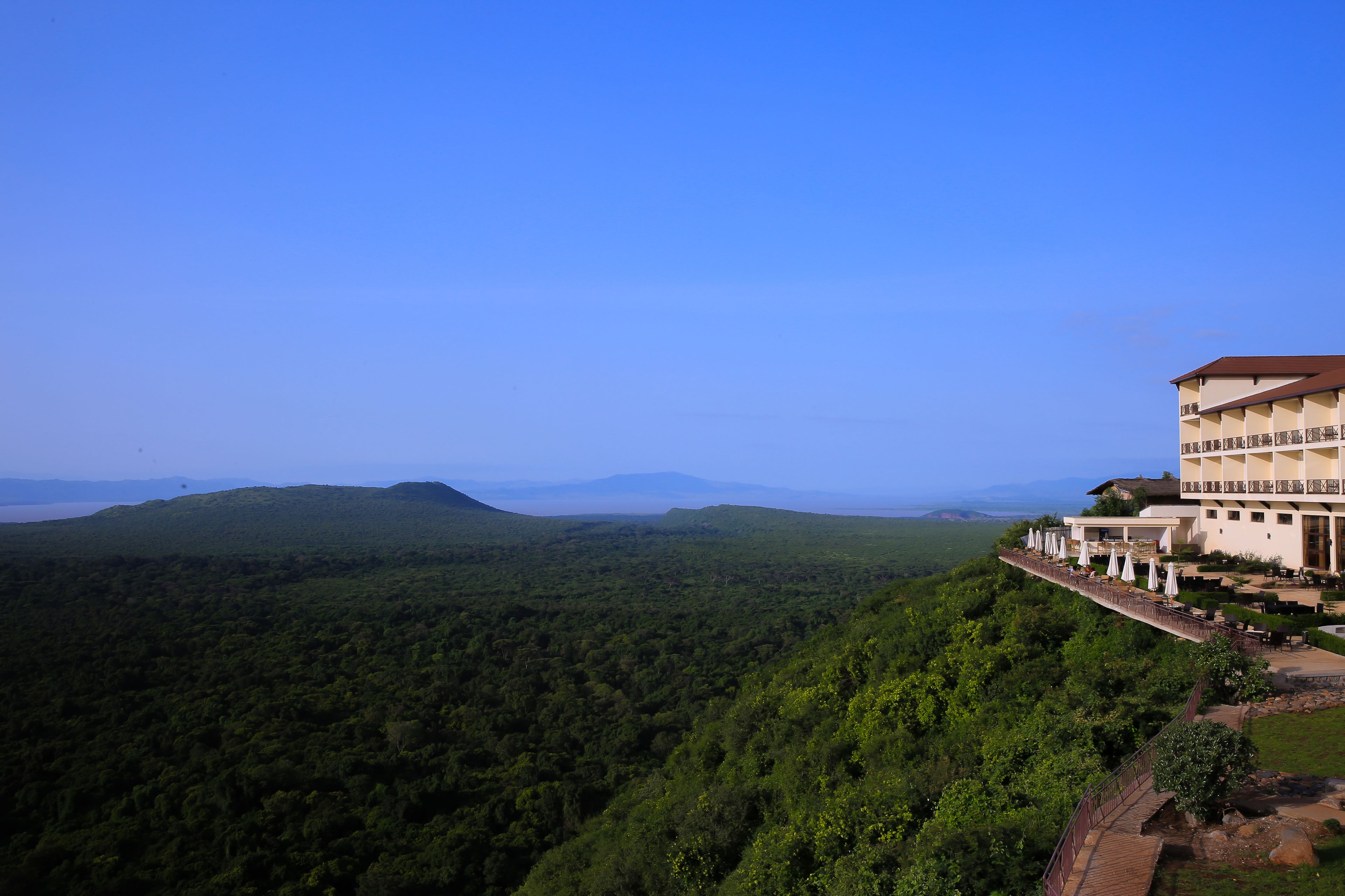 A hotel with multiple floors, outdoor seating, and a view of a forested landscape.