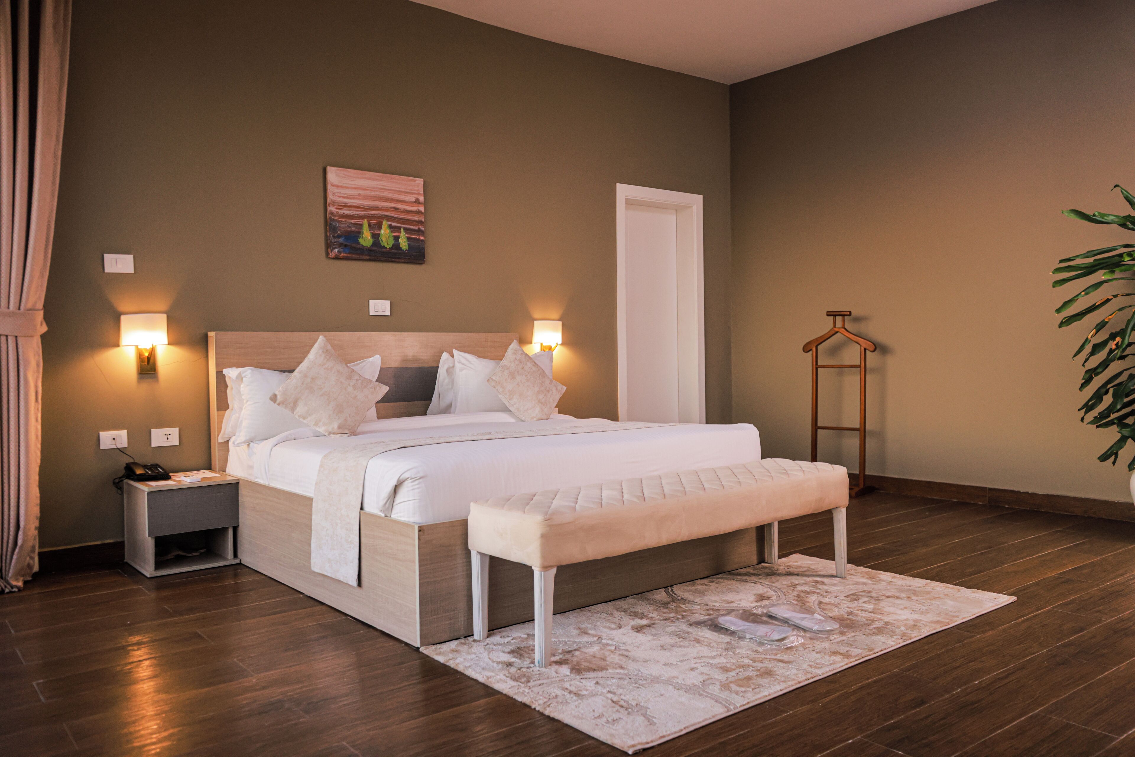 A bedroom with a bed, bedside tables, a bench, a nightstand, a wall-mounted light, a door, and a plant.