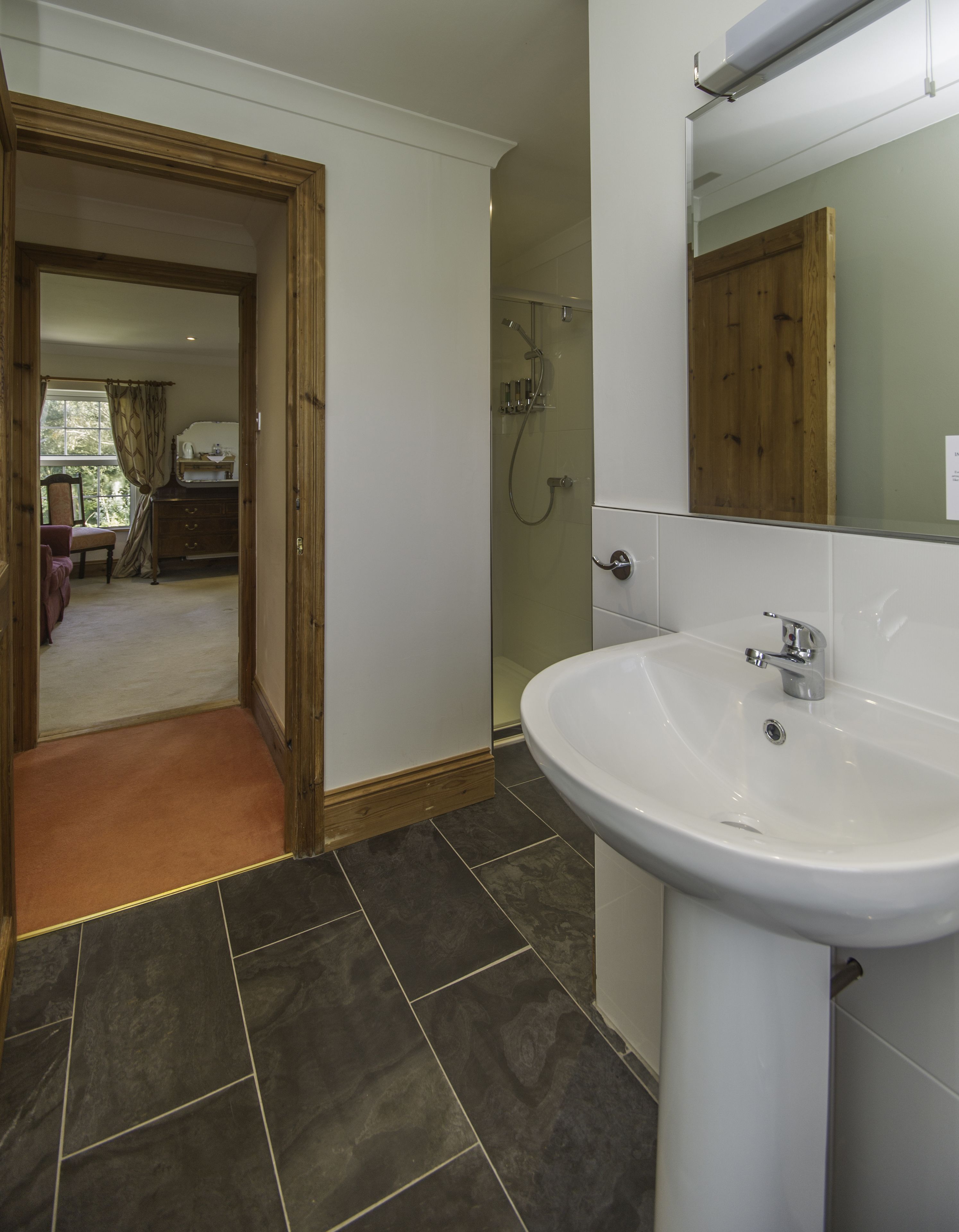 A bathroom with a white sink, a shower, and a wooden door leading to a bedroom.