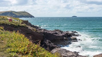 A coastal landscape with rocky terrain, grassy areas, and a clear view of the sea.