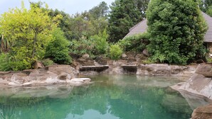 A tranquil outdoor pool area with clear water, surrounded by rocks and lush greenery. - Treks Trips and Trails (Cathkin Park)