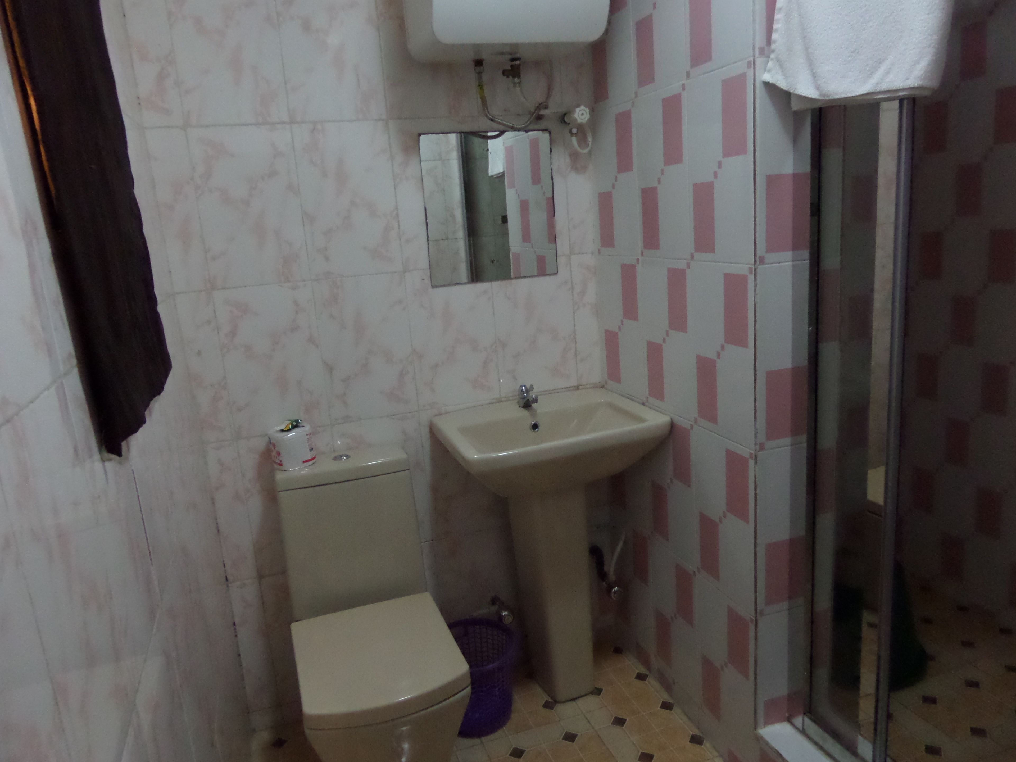 Une salle de bain équipée de toilettes, d’un lavabo et d’une douche.