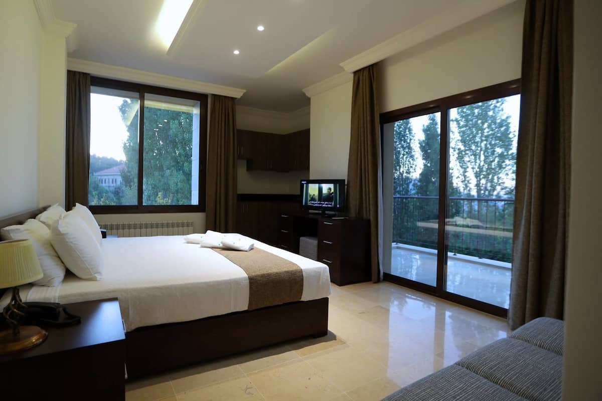 Een hotelkamer met een groot bed, een televisie, een bureau en een balkon met uitzicht op bomen.