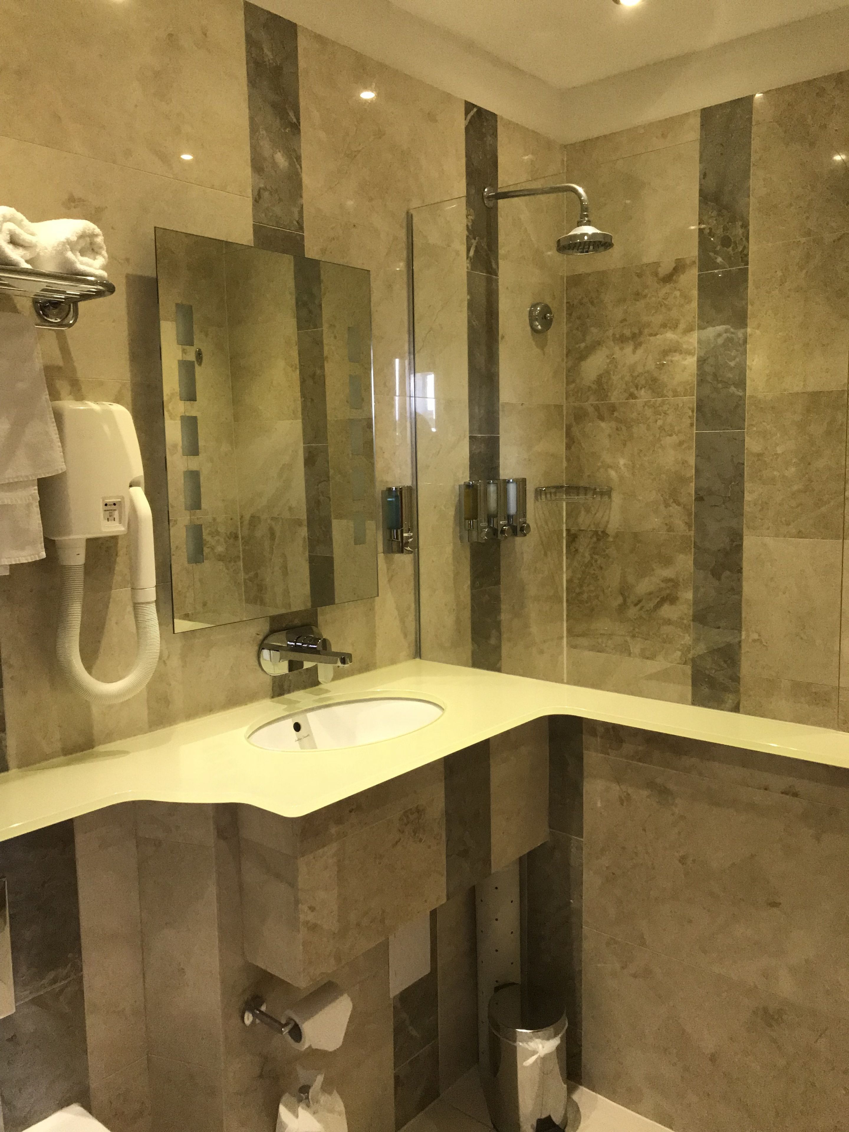 A modern bathroom with a curved sink, a handheld showerhead, a towel dispenser, and a toilet paper holder.