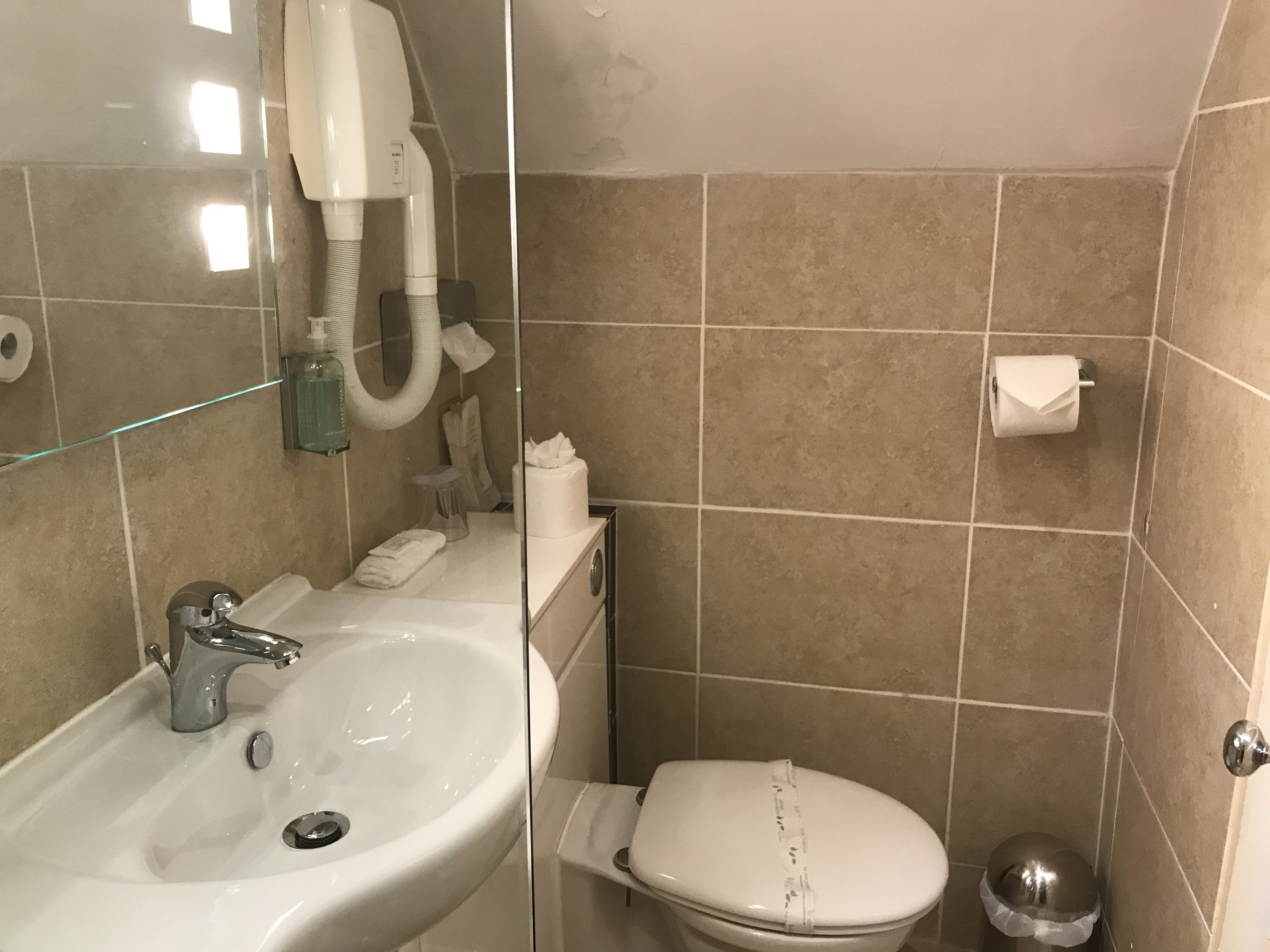 A bathroom with a sink, toilet, and a mirror.