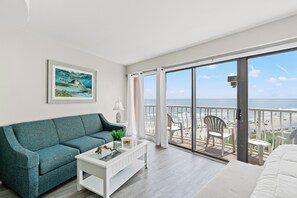 Condo, 1 Bedroom, Balcony, Oceanfront (608) | Living area | TV - Units at St. Clements at Caravelle by Elliott Beach Rentals (Myrtle Beach)