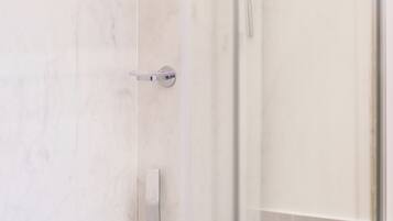 A modern shower enclosure with a glass door, a handheld showerhead, and a wall-mounted control panel.
