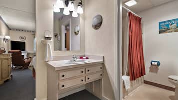 Secador de cabelo, toalhas de banho, shampoo