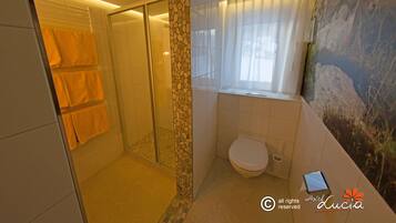 Une salle de bain avec une douche à parois de verre, des toilettes et une fenêtre ornée de rideaux légers.