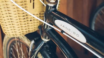 A bicycle with a wicker basket and a label that reads "JANEIRO".