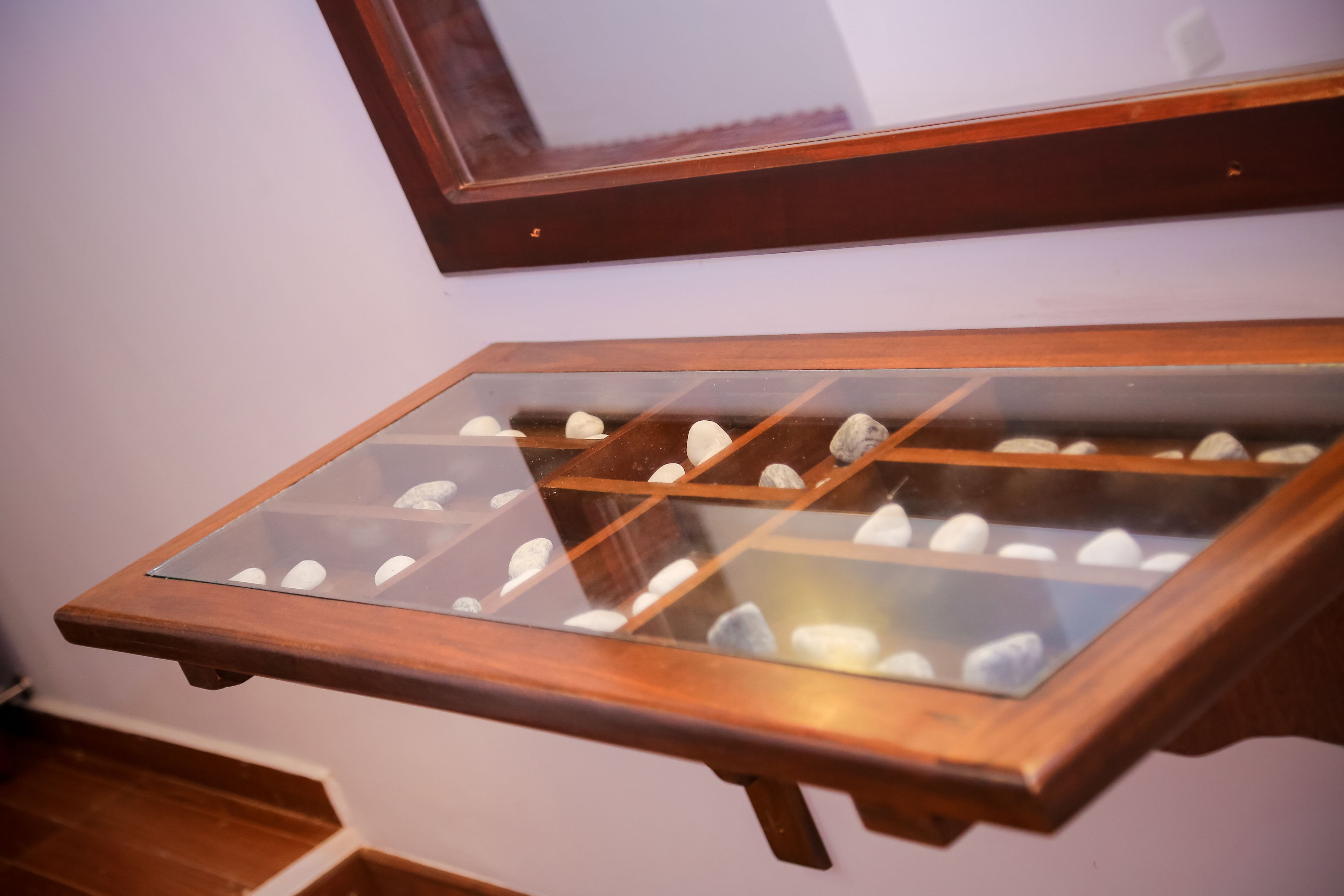 A wooden display case with glass panels containing various stones.