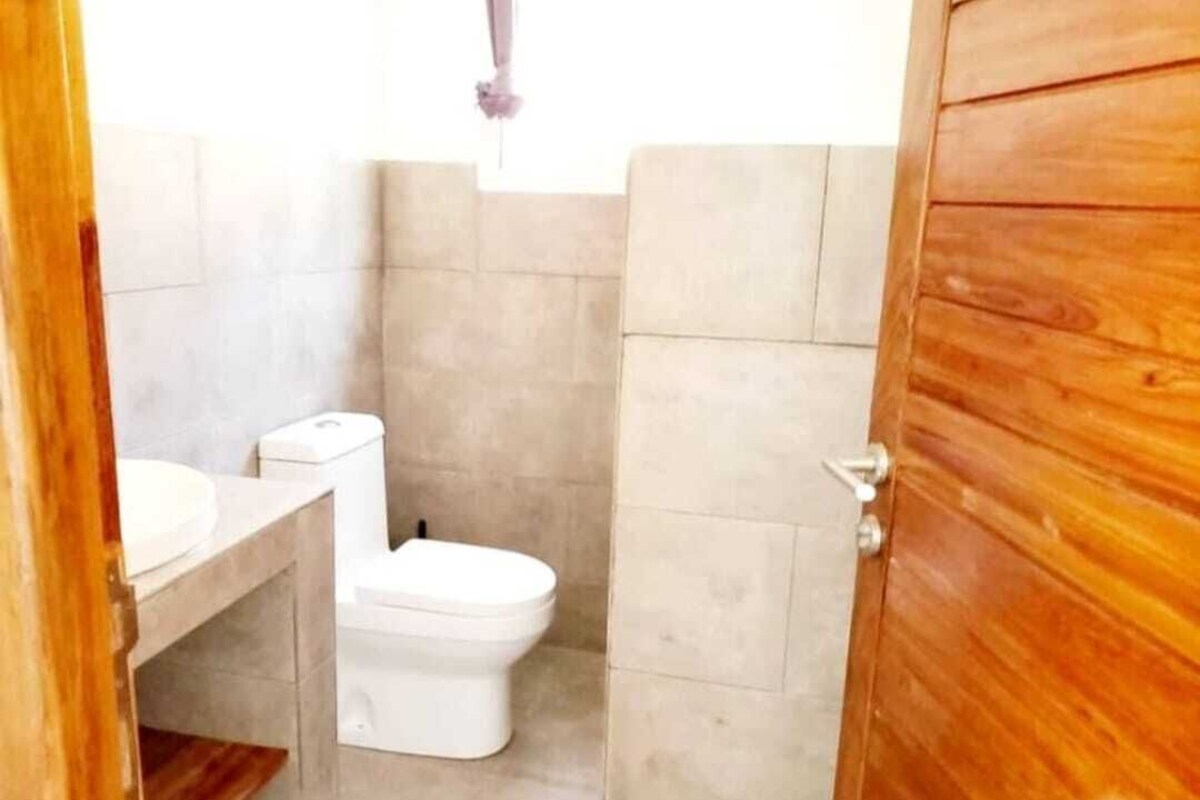 Une salle de bain avec des toilettes, un lavabo et une porte en bois.
