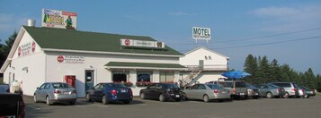Un motel con techo verde, un letrero de Coca-Cola y una señalización para The Brookside Inn.